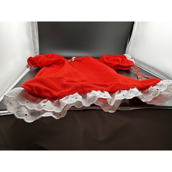 Vtg Red Baby Doll Dress Gown Bonnet White Eyelet Trim Plaid Bow And Ribbon 1980s - Picture 5 of 9